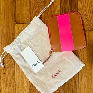 Clare V Half Zip Wallet Russet with Neon Pink